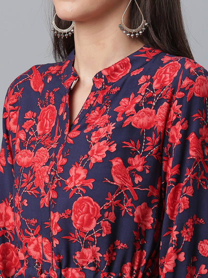 Women's Viscose Rayon Navy Blue Floral Wax Printed Western Tunic