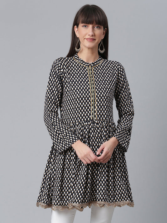 Women's Viscose Rayon Black Wax Printed Western Tunic