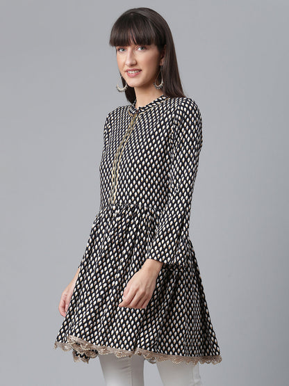Women's Viscose Rayon Black Wax Printed Western Tunic