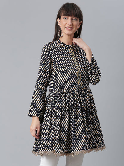 Women's Viscose Rayon Black Wax Printed Western Tunic