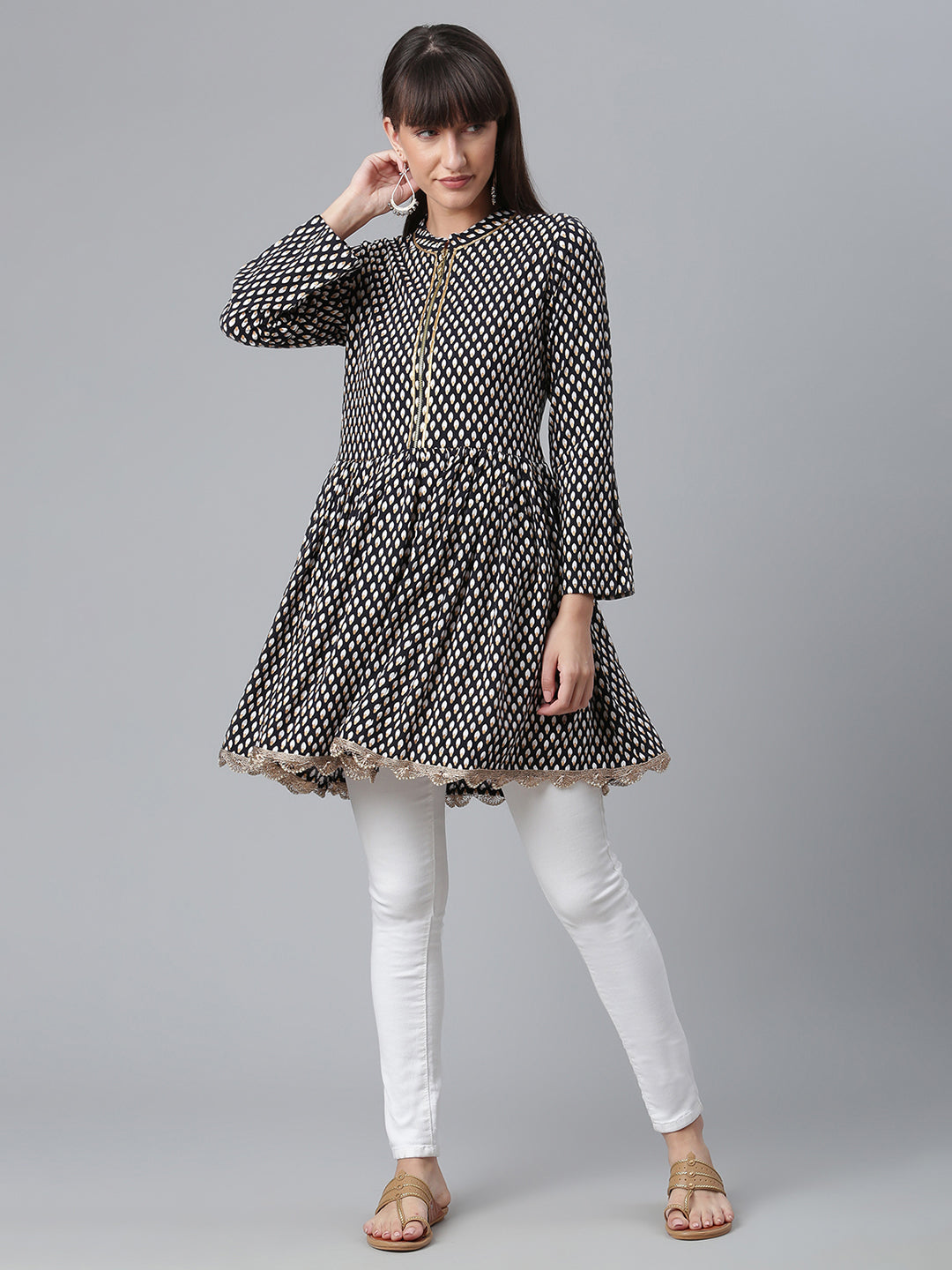 Women's Viscose Rayon Black Wax Printed Western Tunic