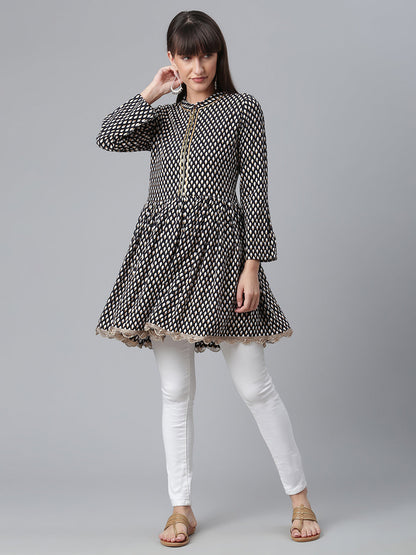 Women's Viscose Rayon Black Wax Printed Western Tunic