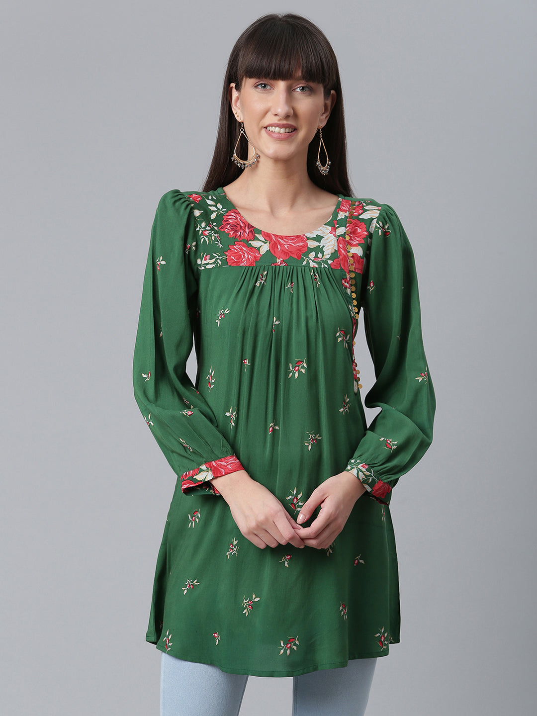 Women's Viscose Rayon Green Wax Printed Western Tunic