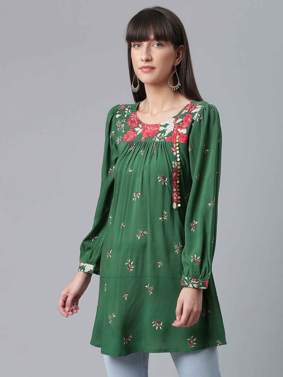 Women's Viscose Rayon Green Wax Printed Western Tunic