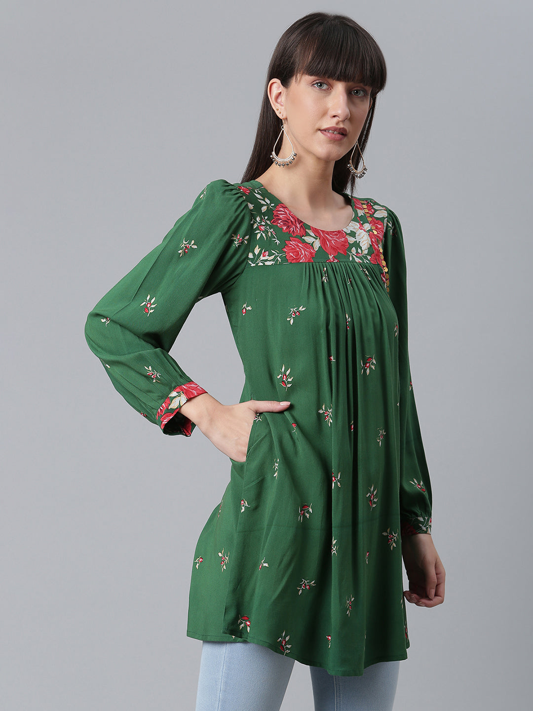 Women's Viscose Rayon Green Wax Printed Western Tunic