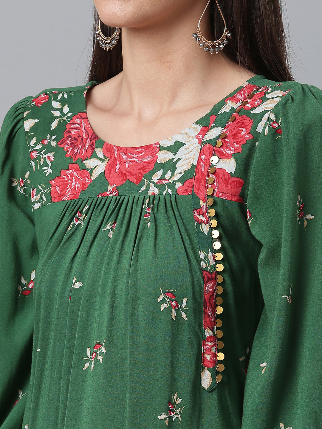 Women's Viscose Rayon Green Wax Printed Western Tunic