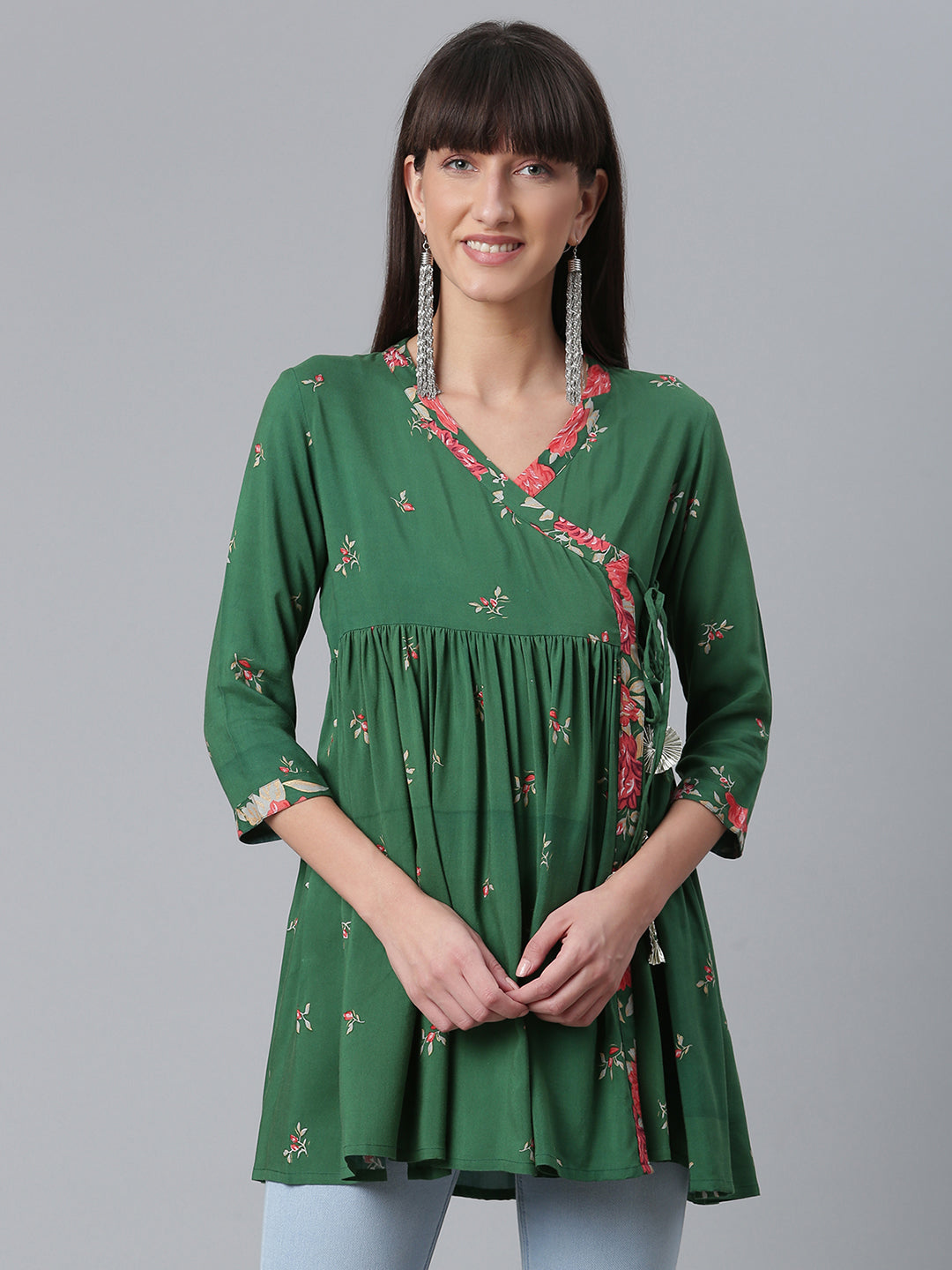 Women's Viscose Rayon Green Wax Printed Western Tunic