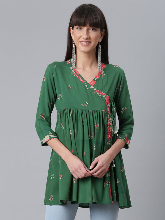 Women's Viscose Rayon Green Wax Printed Western Tunic