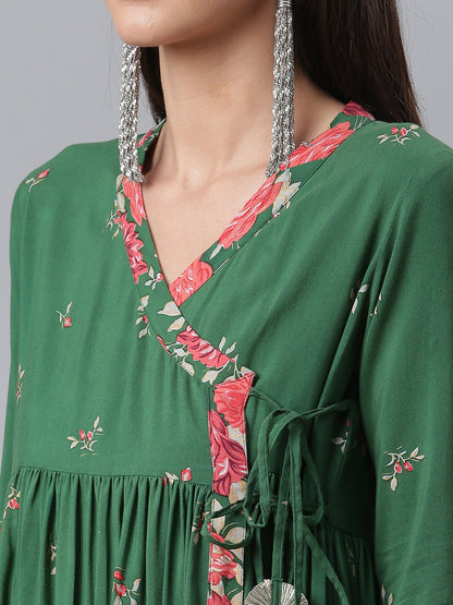 Women's Viscose Rayon Green Wax Printed Western Tunic