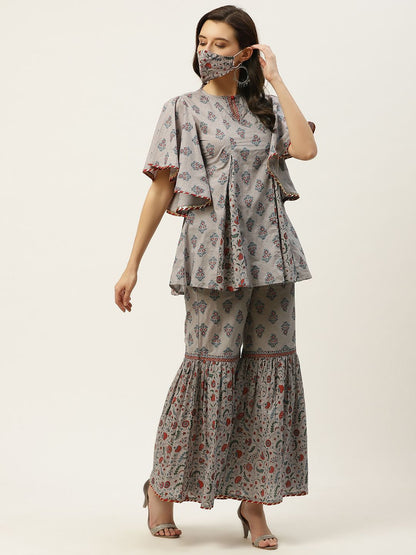 Women's Floral Print Tunic Sharara Set With Mask