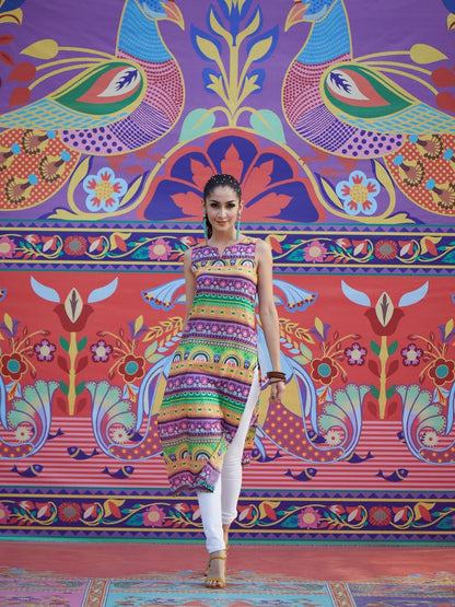 Women's Purple & Yellow Printed Kurta
