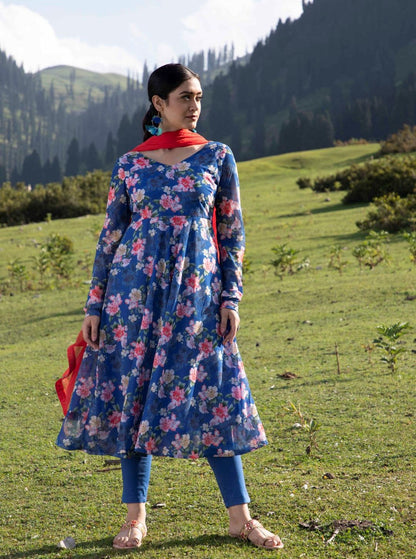 Women's Blue Floral Print Anarkali With Dupatta