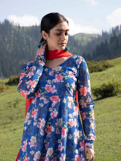 Women's Blue Floral Print Anarkali With Dupatta