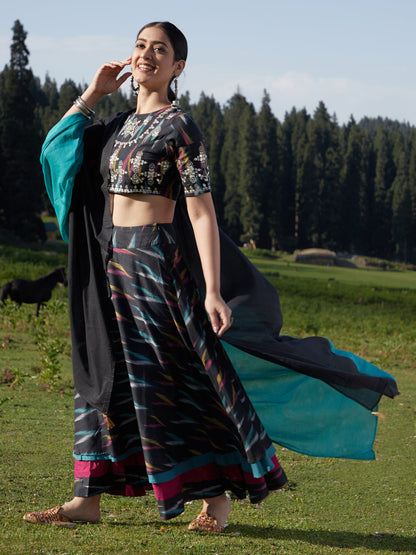 Women's Black Embroidered Lehenga Choli With Dupatta