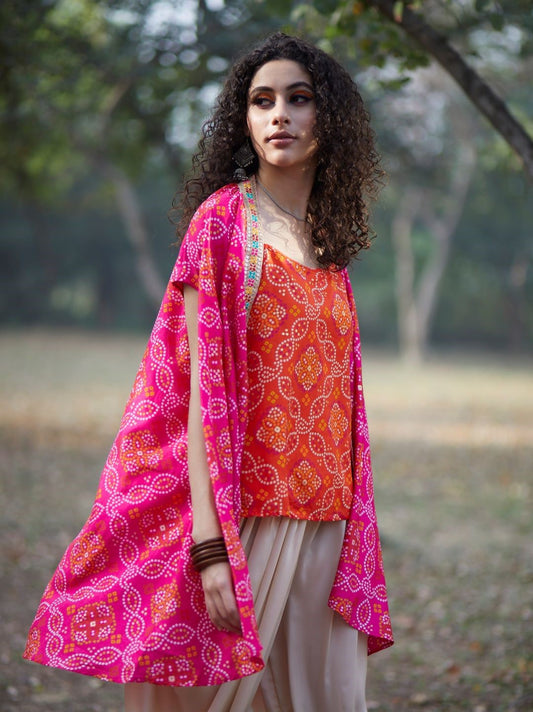 Women's Pink Bandhani Print Co Ord Set with Jacket