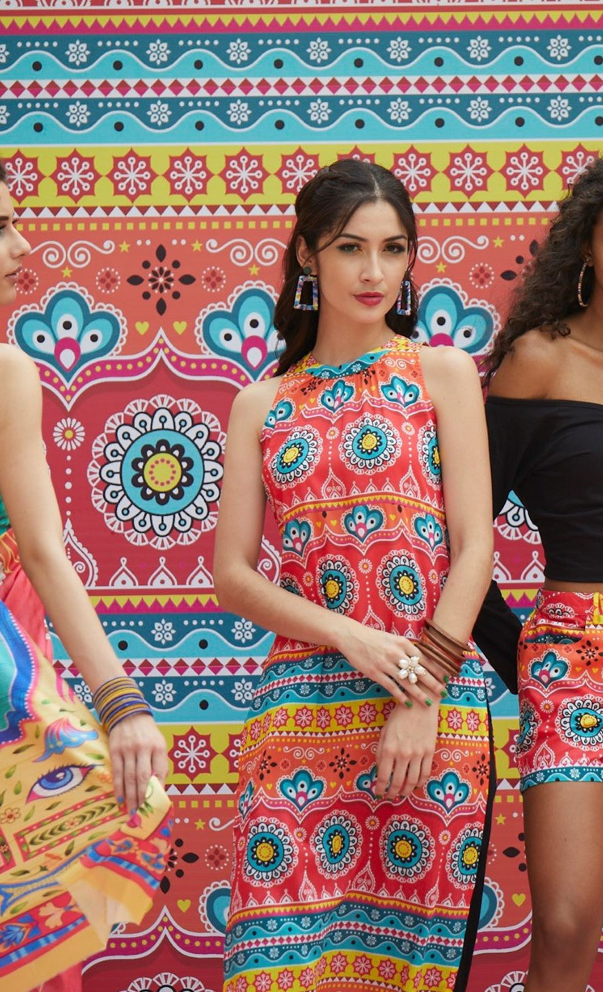 Women's Red & Blue Printed Long Kurta
