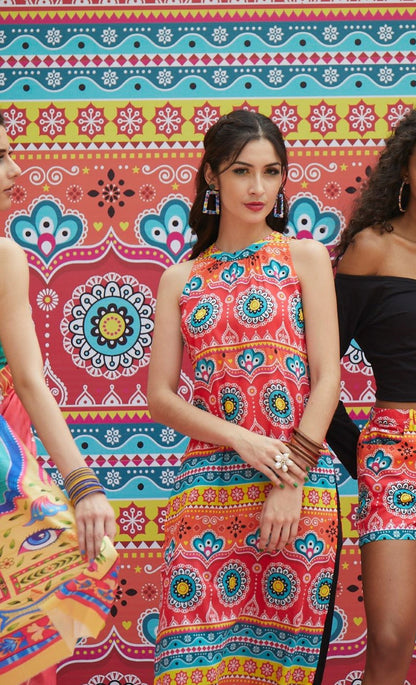 Women's Red & Blue Printed Long Kurta