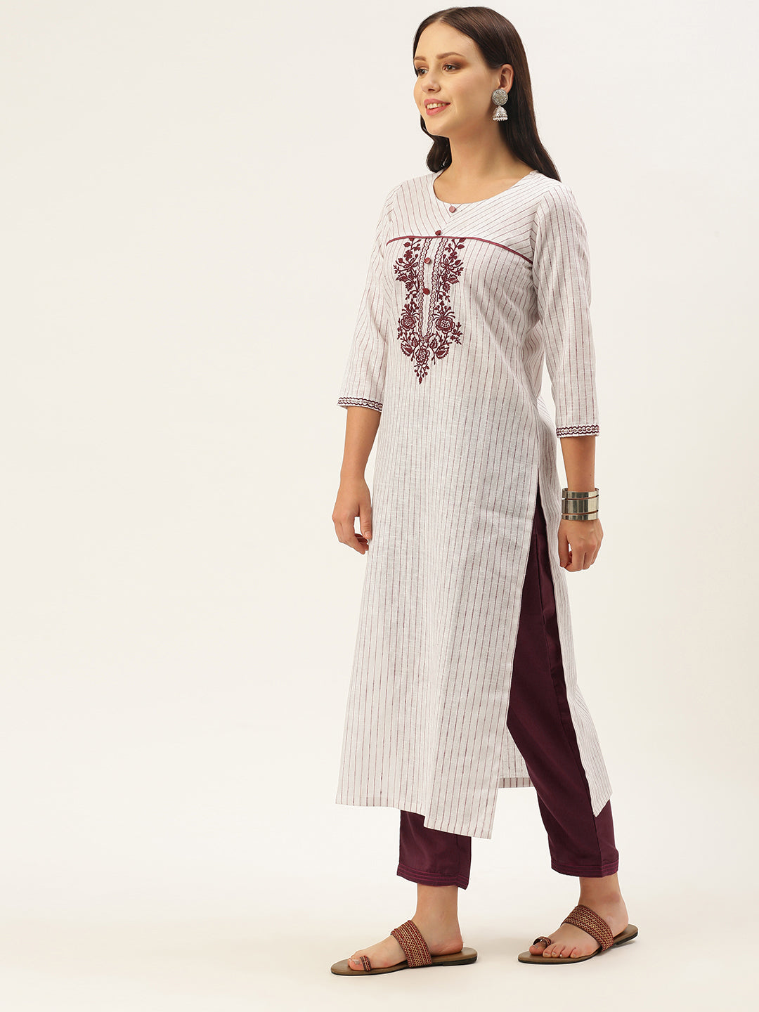 Women's White Color Cotton Blend Checked Striped Embroidered Kurta Pant Set