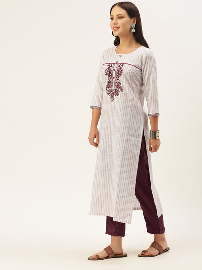 Women's White Color Cotton Blend Checked Striped Embroidered Kurta Pant Set