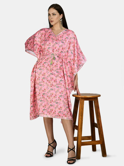 Women's Pink Polyester Printed Full Sleeve V Neck Casual kaftaan