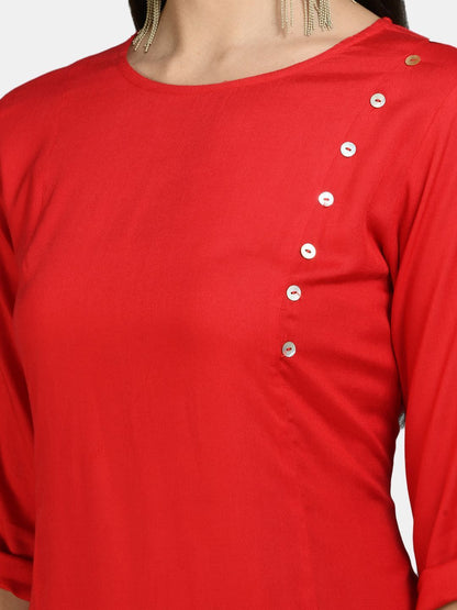 Women's Red Cotton Solid 3/4 Sleeve Round Neck Casual Kurta Pant Dupatta Set