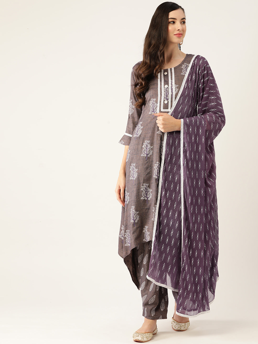 Women's Purpal Color Rayon Blend Printed Kurta Dhoti Pant With Dupatta