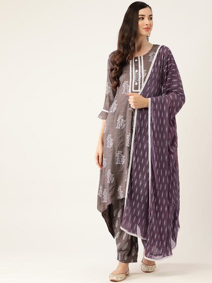 Women's Purpal Color Rayon Blend Printed Kurta Dhoti Pant With Dupatta