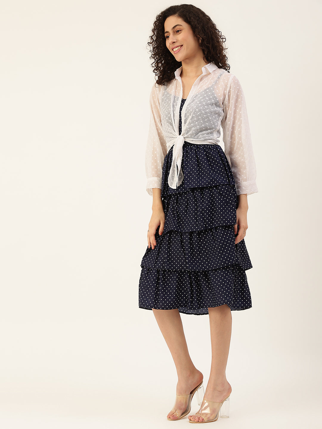 Women's Navy Blue Color Chiffon Self Design A-Line Layered Dress