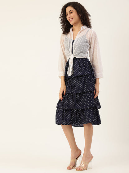 Women's Navy Blue Color Chiffon Self Design A-Line Layered Dress