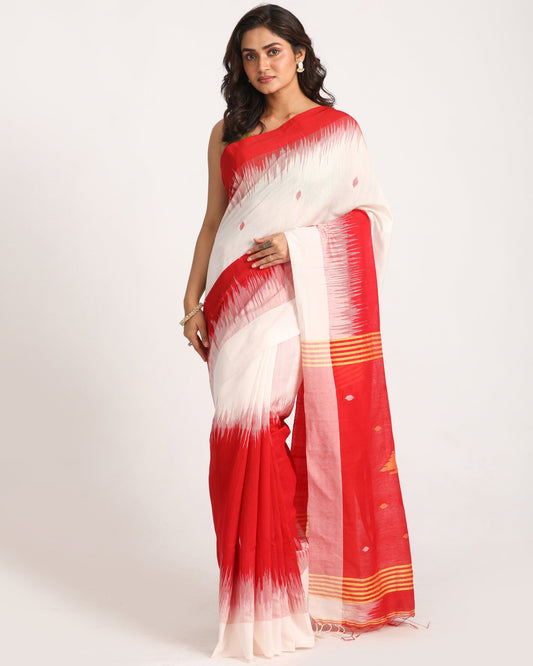 Women's Red White Cotton Blend Handloom Tie Dye Jamdani Saree