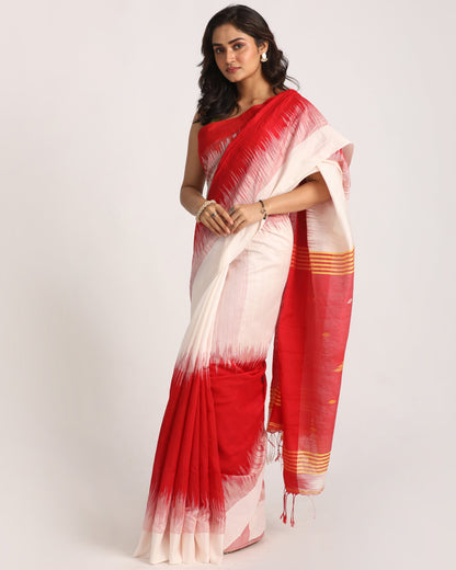Women's Red White Cotton Blend Handloom Tie Dye Jamdani Saree