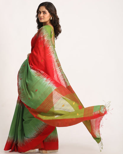 Women's Red Dark Green Cotton Blend Handloom Tie Dye Jamdani Saree