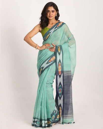 Women's Kotki Border Turquoise Cotton Blend Handloom Saree