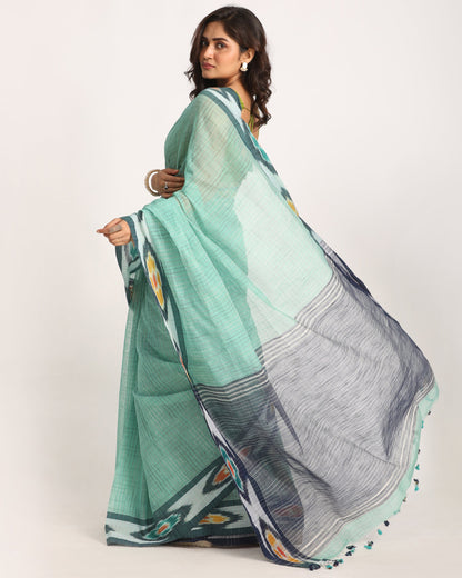 Women's Kotki Border Turquoise Cotton Blend Handloom Saree