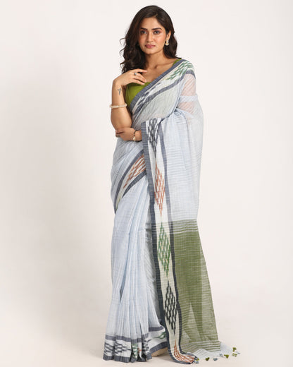 Women's Kotki Border Light Blue Cotton Blend Handloom Saree