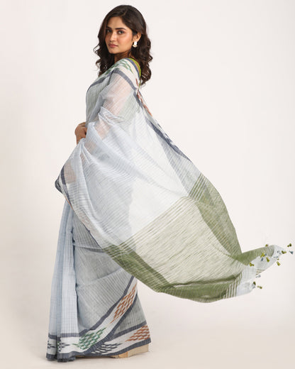 Women's Kotki Border Light Blue Cotton Blend Handloom Saree