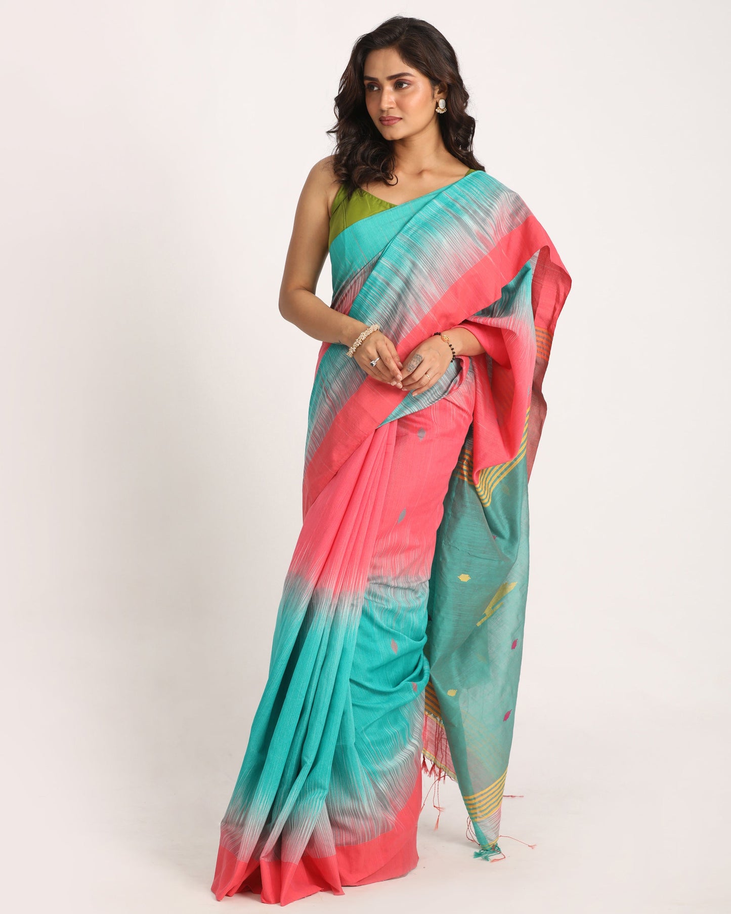 Women's Brink Pink Cotton Blend Handloom Tie Dye Jamdani Saree