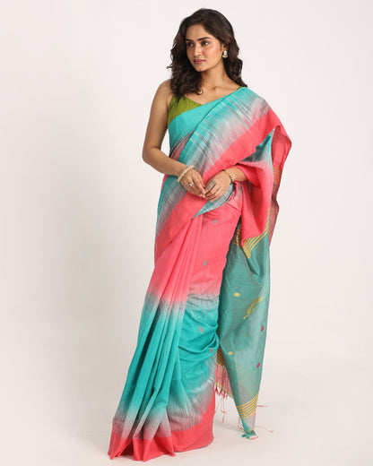 Women's Brink Pink Cotton Blend Handloom Tie Dye Jamdani Saree