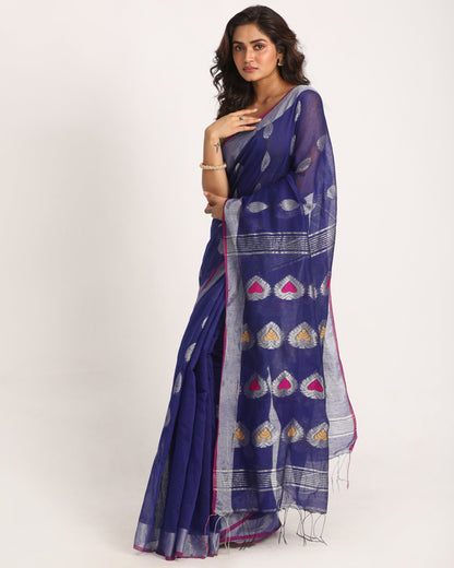 Women's Royal Blue Cotton Blend Handloom Jamdani Saree