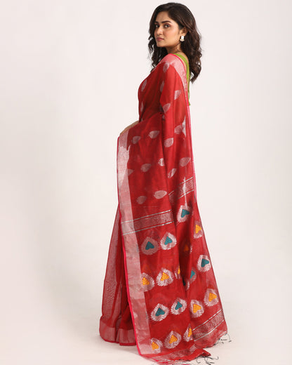 Women's Red Cotton Blend Handloom Jamdani Saree