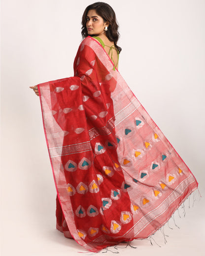 Women's Red Cotton Blend Handloom Jamdani Saree