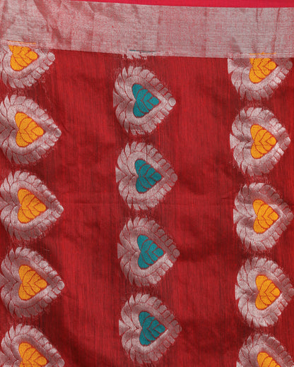 Women's Red Cotton Blend Handloom Jamdani Saree