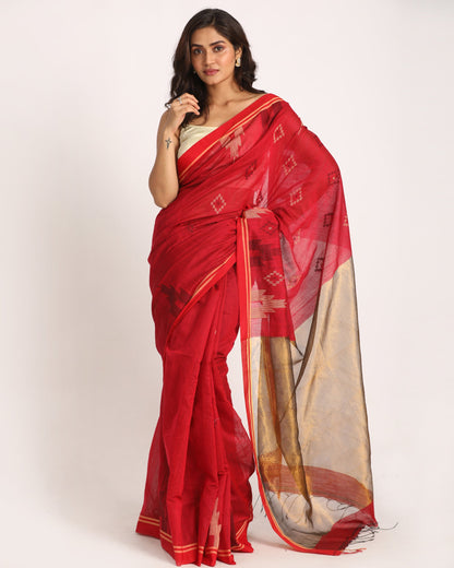 Women's Red Cotton Blend Handloom Jamdani Saree
