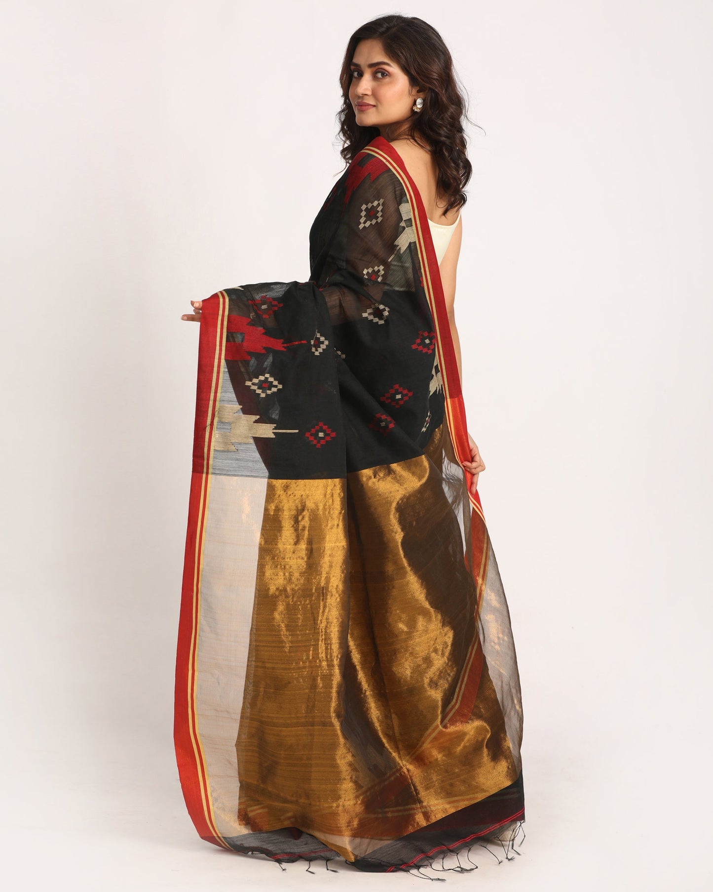 Women's Black Cotton Blend Handloom Jamdani Saree
