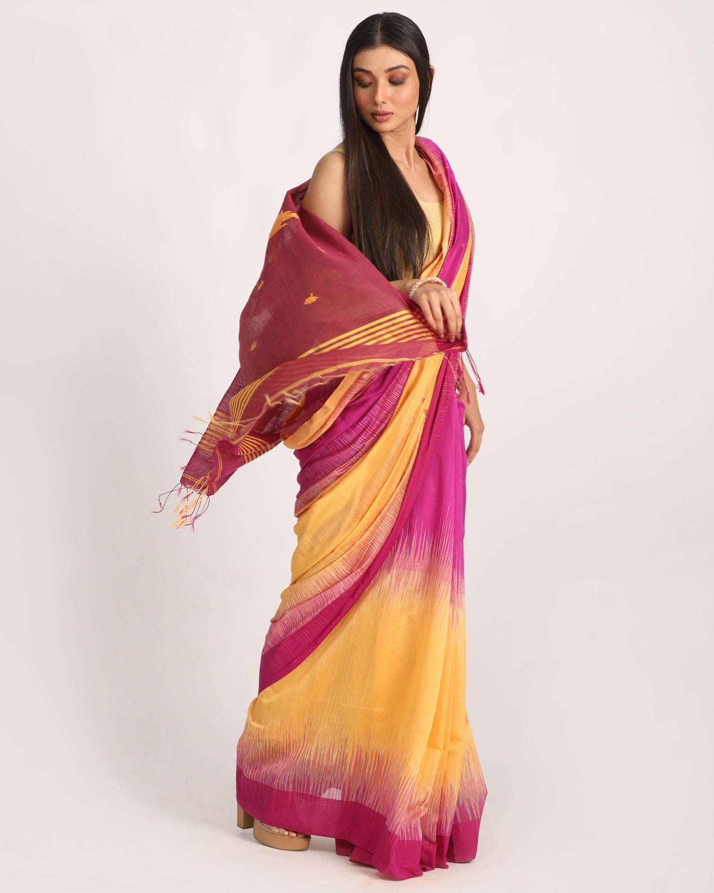 Women's Fuchsia Light Mustard Cotton Blend Handloom Tie Dye Jamdani Saree