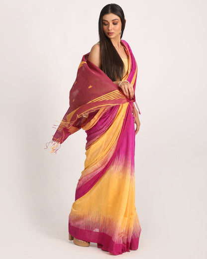 Women's Fuchsia Light Mustard Cotton Blend Handloom Tie Dye Jamdani Saree