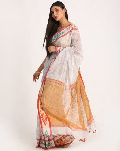 Women's Kotki Border Ice Blue Cotton Blend Handloom Saree