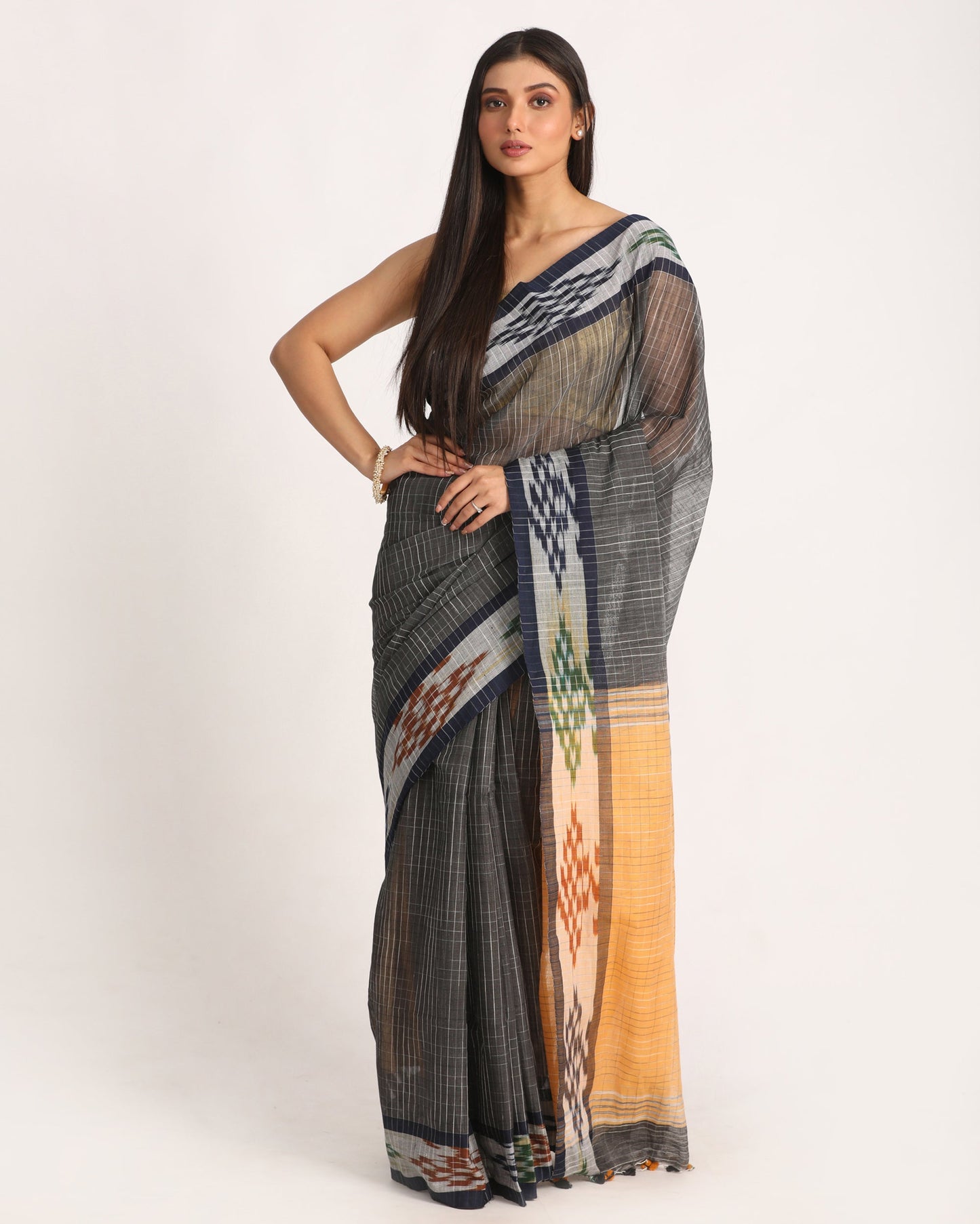 Women's Kotki Border Deep Grey Cotton Blend Handloom Saree