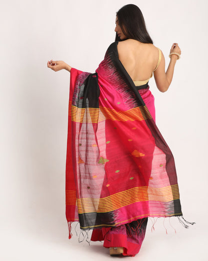 Women's Fuchsia Black Cotton Blend Handloom Tie Dye Jamdani Saree