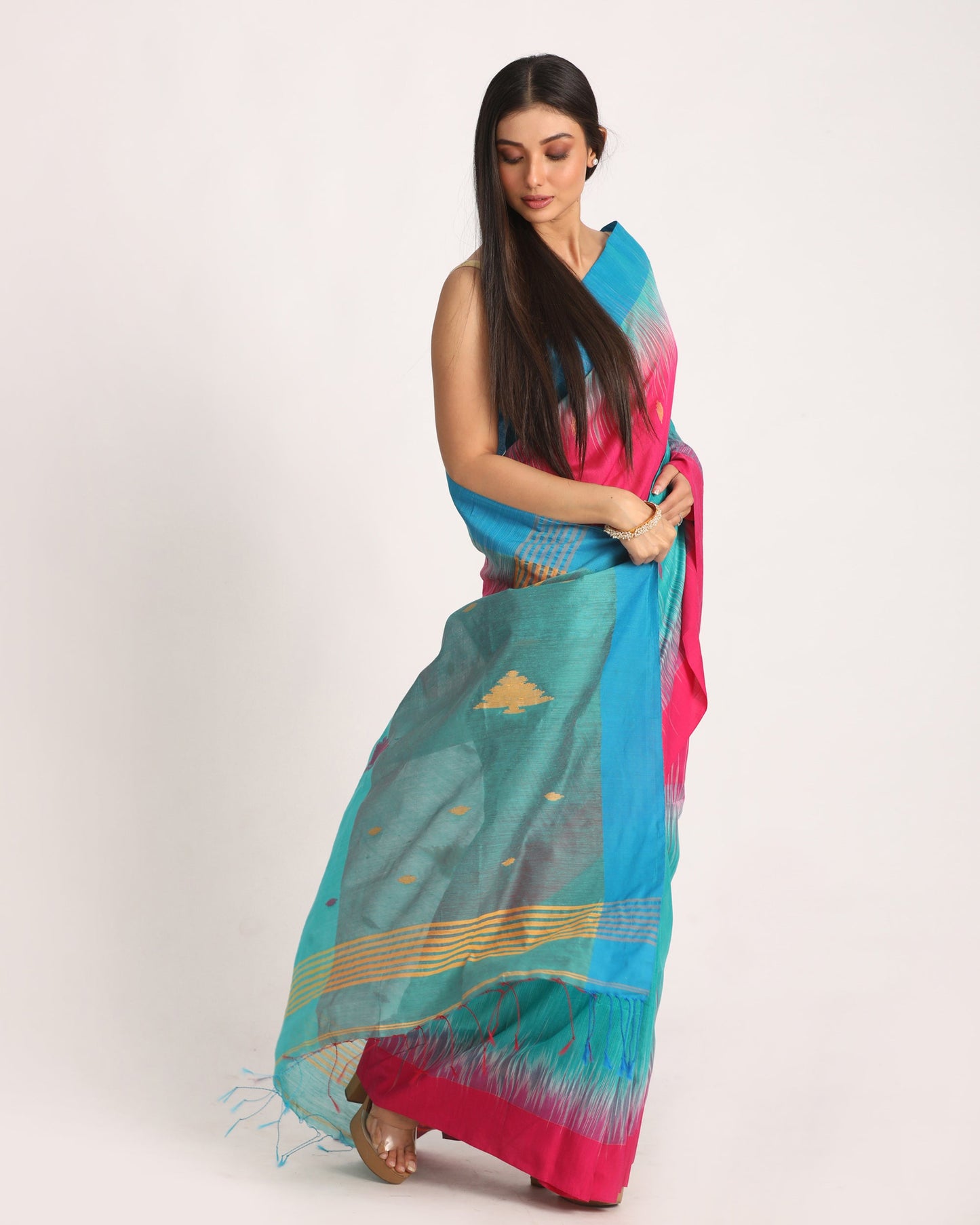 Women's Fuchsia Turquoise Cotton Blend Handloom Tie Dye Jamdani Saree